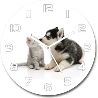 Wanduhr aus Glas 30fi Glasbild Glasuhr Gehärtetes Glas - weisse-zeiger - Dog and cat - Schwarz