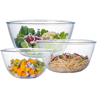 Glasschüssel Set (4,2 L, 2,5 L,1,0 L), Salatschüssel Glas Groß Rund Glasschüsseln für die Küche, Glas Schüssel, ideal zum Aufbewahren von Lebensmitteln, Glasschale Groß Salatschale, Spülmaschinenfest