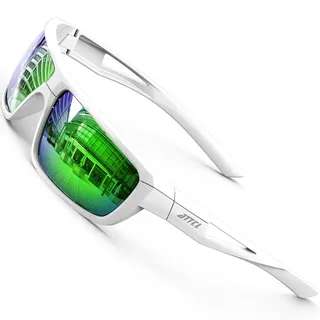 ATTCL Sonnenbrille Herren Polarisiert Für Sports: UV Schutz Leicht Wrap-Around TR90 Rahmen Rutschfest Autofahren Angeln Golf J2021 Weiß-Grün