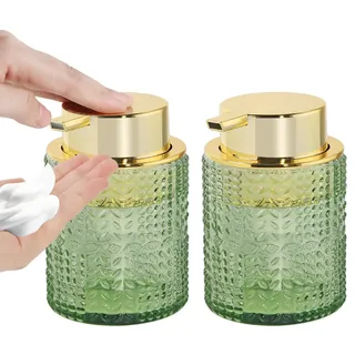 Fvstar Schaumseifenspender, Glasseifenspender mit goldfarbener Pumpe, Badezimmer-Handseifenspender, Flasche mit Vintage-Muster, grüner Schaum-Handseifenspender für Bad und Küche, 2