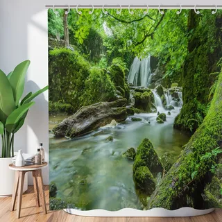 Hnmdmyi Duschvorhang Wald 180x180, Tropischer Dschungel Regenwald Grüner Baum Pflanze Natur Landschaft Wasserfall Szenerie Badewanne Vorhang Wasserdicht Polyester Stoff Waschbar Badevorhang mit Haken