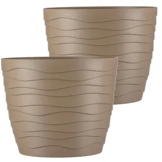 Tymar Blumentopf, 2er-Pack, runde Form, Pflanzgefäß, Pflanzkübel für Innen, Pflanztopf aus Kunststoff, Leichter, Doppelpack,mit 3D-Wellendesign (19 cm, Beige)