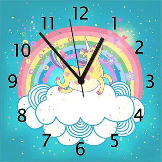 Wallario Design Wanduhr Lustiges Einhorn auf einer Wolke vor Regenbogen aus Echtglas, Größe 30 x 30 cm - Türkis