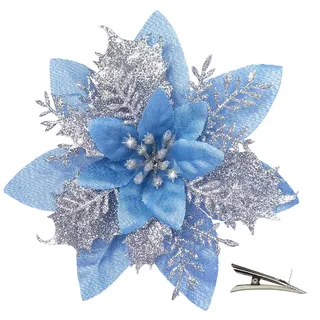 MIKAILE 20 Stück Weihnachten Glitzer Weihnachtsstern Blumen mit Clips, Poinsettia Weihnachtsblume Glitzernde für Weihnachtsbaum Dekorationen (Silber Blau)