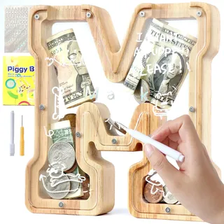 Lakpopya Spardose Kinder Buchstaben aus Holz für A-Z Personalisiert Sparschwein Durchsichtig Alphabet Sparbox, Geschenk Dekoration Taufe für Jungen Mädchen (M)