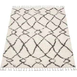Paco Home Hochflor Teppich Wohnzimmer Shaggy Skandinavisch Fransen Flauschig Modern Langflor, Grösse:140x200 cm, Farbe:Creme
