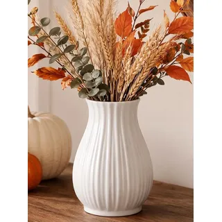 NUPTIO Tulpenvase Weiß Keramik für Tischdeko: 16cm Gerippte Blumenvase | Wasserdicht, Moderner Landhausstil/ Boho Vase für Pampasgras, Wohnzimmer, Schlafzimmer, Küche, Fensterbank, Tischregal