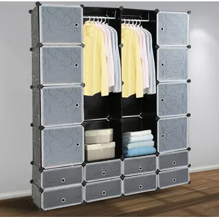 EINFEBEN 16 Wuerfel Regalsystem Kleiderschrank Kleiderschränke DIY Garderobenschrank Schwarz Kunststoff Aufbewahrung Garderobe fuer Schlafzimmer mit Tueren 180 * 142 * 37CM - Schwarz