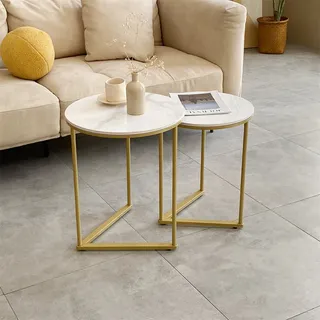 WISFOR Couchtisch 2er Set, Rund Beistelltische Satztische für Wohnzimmer Schlafzimmer, Moderne Sofatische Marmor Optik - Weiß, Gold