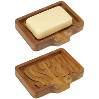 Bukecagif Seifenschale Holz, 2 Stück Seifenschale Mit Ablauf, Teak Seifenbox Für Dusche Und Küche Mit Abtropffunktion Und Wasserdichtem Tray