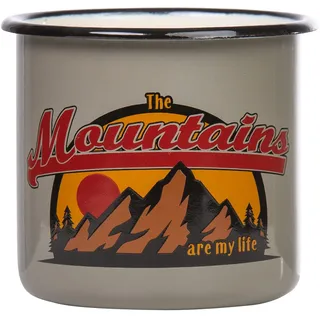 MUGSY Emaille Tasse, The Mountains are my life, 330ml, Camping Tasse mit Spruch, bruchfest, grau