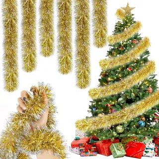 5 Stück Weihnachtsgirlande, 2M Lametta Weihnachtsbaum Girlande, Künstliche Tannengirlande Outdoor, Weihnachtsdeko Girlande, für Weihnachten Party Weihnachtsbaum Weihnachtsdeko (Gelb)