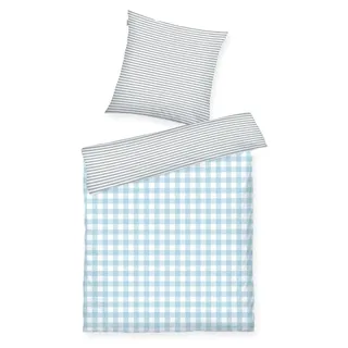 Tom Tailor Flanell-Bettwäsche, 80x80 cm + 135x200 cm, 100% Baumwolle/Flanell, Wendemotiv und farbiger Reißverschluss, Karo-Muster Grau, Hellblau - Grau, Hellblau