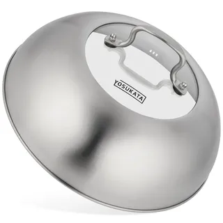 YOSUKATA Wok-Deckel 29 cm -Wokdeckel mit Gehärtetem Glas und Dampflöchern | Abdeckung für 30 cm Wokpfanne - Grill- und Käse-Schmelzkuppell - 304 Edelstahl Wok-Zubehör Spülmaschinenfest