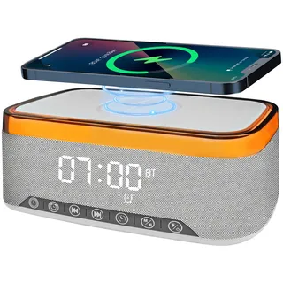 Yeelan Wecker Digital mit Ladestation, Digitalwecker mit Licht, 5.3 Bluetooth Lautsprecher, 15W Kabellose Aufladung für iPhone/Samsung, 12 Farbiges Nachtlicht, Alarm Clock für Frauen Männer