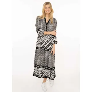 Zwillingsherz Maxikleid ""Geometric"" Ohne Taschen Ornamentmustermix, Knopfleiste, 3/4 Arm, schwarz