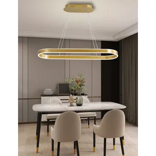 WJYCYN Dimmbar Oval LED-Kronleuchter Pendelleuchte moderner Esstisch Büro mit den Fernbedienung ring Hängelampe höhenverstellbar Blendfreesszimmer Arbeitszimmer Küche leuchte (Gold, L100cm 88W)
