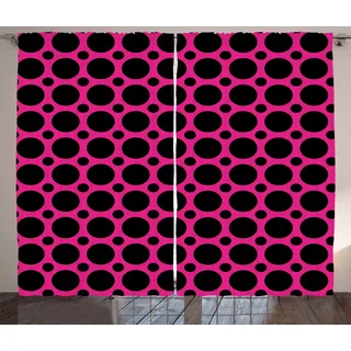 ABAKUHAUS Hot Pink Rustikaler Vorhang, Symmetrische Spots Retro, Wohnzimmer Universalband Gardinen mit Schlaufen und Haken, 280 x 245 cm, Hot Pink Schwarz - Schwarz