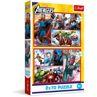 Trefl - Puzzle 2x70 Teile, 2-in-1: Werde zum Helden, The Avengers, 4+ | Set mit 2 Puzzles, Märchenfiguren, Förderung von Konzentration und Beobachtungsgabe, hohe Qualität