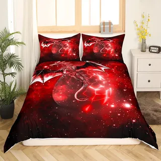 Loussiesd Galaxy Dragon Bettwäsche 135x200 cm Kinder Chic Weltraum Sternenhimmel Bettwäsche Set Dschungeltiere Drachen Bettbezug für Jungen Kinder Teens Schlafzimmer Dekor Rot Schwarz Betten Set
