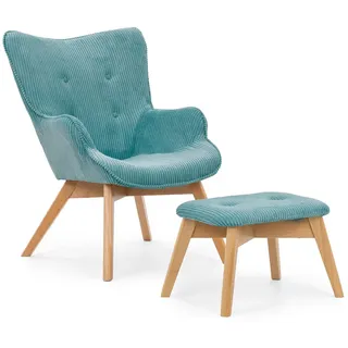 S-Style Möbel Loungesessel mit Fußhocker Lenari Türkis Cordstoff mit Füßen in Natur , Textil , Echtholz,Buche, Birke , 71x96x86 cm , Blauer Engel, FSC Mix, Oeko-Tex®, Hergestellt in Europa , Wohnzimmer, Sessel, Polstersessel