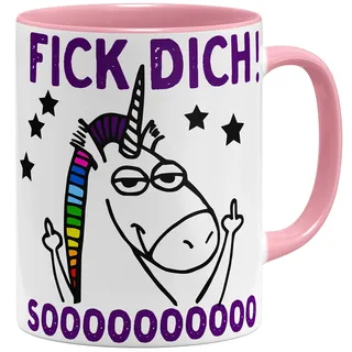 OM3® Fick Dich So Viel - Tasse Guten Morgen Einhorn - Keramik Becher - 11oz 325ml - Beidseitig Bedruckt - Rosa