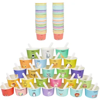 Yanghad Papier Einweg Eisschalen eisdiele eisbecher mit 25 Tierfiguren und Buchstaben, 50PCS Paper Dessertbecher 6 oz 180 ml mit 50 löffel