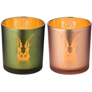 EDZARD 2er-Set Teelichtglas Windlicht Hase, Höhe 8 cm, Durchmesser 7 cm, Deko für Ostern (1 grün, 1 rosa)