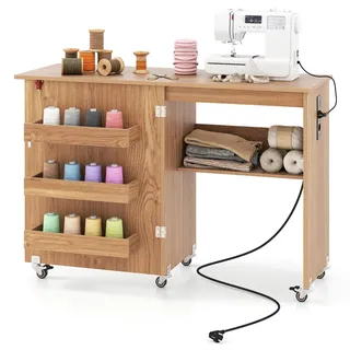 FANTASK 2 in 1 Zusammenklappbarer Nähtisch, Nähmaschinenschrank mit Ladestation, Regalen und abschließbaren Rädern, Nähtisch aus Holz, Mehrzweck-Bastelstation für Wohnzimmer, Schlafzimmer (Natur)