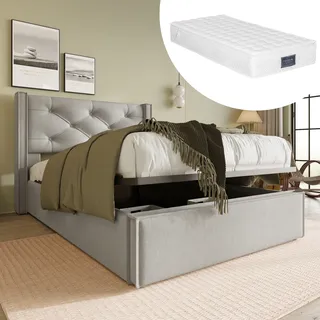okwish Hydraulisch Einzelbett Polsterbett 90x200cm, Bett mit Lattenrost aus Metallrahmen, Modernes Bettgestell mit Stauraum Hellgrau(Mit Matratze) - Hellgrau