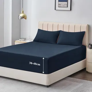 Aisbo Spannbettlaken 180x200cm Bettlaken Boxspringbett - Bett Laken Blau 180x200 aus Premium Mikrofaser, weiches Spannbetttuch 180 x 200 Dunkelblau Steghöhe 40cm für Wasserbett Bed Fitted Sheet