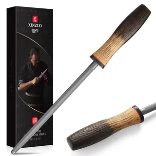 XINZUO Wetzstahl 36,8cm Schleifstab Hartverchromter hochkohlenstoffhaltiger Stahl -Profi Messerschärfer Wetzstab -für versch Küchemesser schleifen -Ergonomischer Griff aus Weißeiche