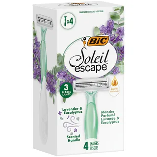 BIC Soleil Escape 3-Klingen-Einweg-Rasierer für Damen mit Lavendel & Eukalyptus, Feuchtigkeitsstreifen mit Mandelöl – 4er Box