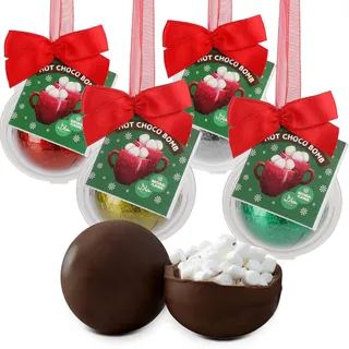 4X Weihnachts Marshmallow Schokoball zum Aufhängen, 4er Set, Christbaumkugel in rot, Silber, Gold o. grün, Trinkschokolade, Zufällige Farbauswahl, Geschenkidee Weihnachten