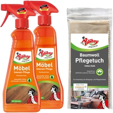 POLIBOY Möbel Intensiv Pflege - Pflegemittel für lackiertes Holz - schützende und auffrischende Holzpflege - farbneutral - 2x 375ml Sprühmatic mit Baumwolltuch - Made in Germany