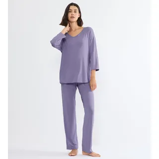Schlafanzug TRIUMPH "Timeless Sensuality PK 3/4 Sleeves", Damen, Gr. 46, lila, Single Jersey, Obermaterial: 95% Modal, 5% Elasthan, bequem lang, V-Ausschnitt, Homewear-Sets Schlafanzug, atmungsaktiv und weich, Spitze