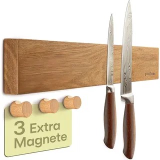 Praknu Magnetleiste für Messer Selbstklebend - 40 cm Akazienholz – Mit 3 Organizer Magnet Haken – Wand Magnetische Messerleiste für bis zu 8 Messer Schwere Messer