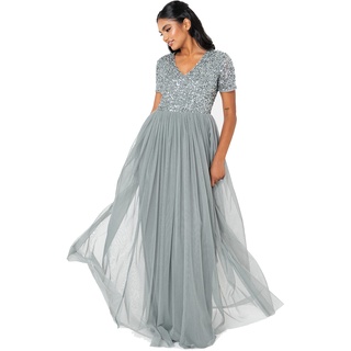 Maya Deluxe Abendkleid mit Pailletten Cocktailkleid Damen mit V-Ausschnitt Tüllkleid Grün Größe 34