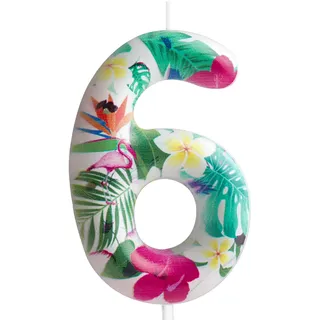 Kerze zum 6. Geburtstag, Flamingo, Zahl 6, Kerze, Flamingo, Kuchendekoration, Geburtstagsparty-Zubehör, weiß, tropische hawaiianische Blumen, Thema, für Babyparty, Kinder, Jungen, Mädchen,