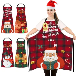 4 Stück Übergröße Weihnachtsschürze Lustig Weihnachten Kochschürze für Frauen Männer Verstellbare Küchenschürzen Wasserdichte Schürze für Küche Backen Weihnachtensparty Weihnachts Geschenk, Kariert