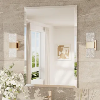 Keonjinn Badezimmerspiegel Rechteckig 60x90cm, Rahmenloser Wandspiegel mit Facettenschliff, Dekorativer Spiegel für Badezimmer, Flur, Wohnzimmer, Wandmontage