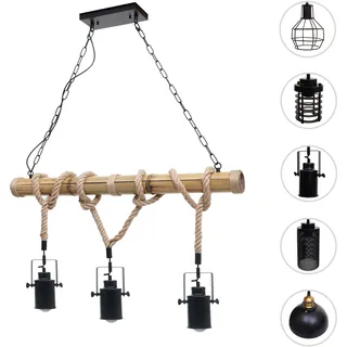 Pendelleuchte HWC-H82, Hängelampe Hängeleuchte, Industrial Vintage Bambus Seil Metall schwarz ~ 3x S