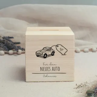 hellomini Personalisierte Spardose aus Holz mit Namen – Geschenk zum Führerschein – Gravierte Holzbox als Geldgeschenk für den Weg zum ersten Auto - Neues Auto
