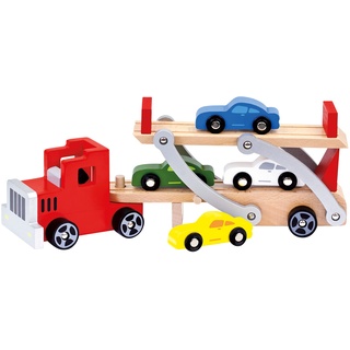 Bino Holz-Autotransporter Holzspielzeug Spielzeug für Kinder ab 3 Jahre (9-Teilig, verstellbare Laderampe, 4 Spielzeugautos, abnehmbarer Anhänger, Maße: 37,5 x 8,5 x 13,5 cm), Bunt