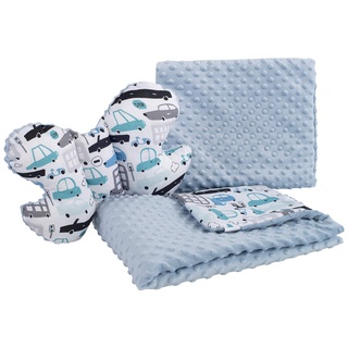 Medi Partners Babydecke Krabbeldecke Set 3in1 100% Baumwolle Minky Kinderdecke 55x75 + 35x30cm flaches Kissen und Anti-Schock-Kissen Schmetterling (Cars mit hellblau Minky)