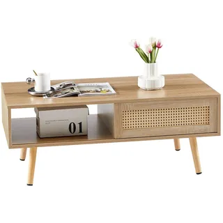 Redom Couchtisch 105/55/40 cm mit Schiebetür, Rattan-Geflecht und Stauraum, Naturfarben , Braun , Holzwerkstoff , 55x40x105 cm , Wohnzimmer, Wohnzimmertische, Couchtische
