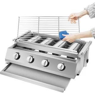 Gasgrill - Edelstahl BBQ Grill - 4 Brenner 55,8x23,2 cm - Schwere Stahlhaube - Großer Grillrost für Terrasse und Outdoor Küche - Silber - Silber