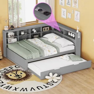 Flieks Schlafsofa Sofabett Holzbett 140x200cm mit Ausziehbett, Doppelbett Jugendbett mit USB und Regal, Kinderbett Tagesbett Daybed Funktionsbett Grau - Grau