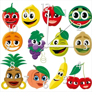 Wallario Design Wanduhr Obst-Smilies im Comic-Stil - Lustige Früchte aus Echtglas, Größe 30 x 30 cm - Weiß