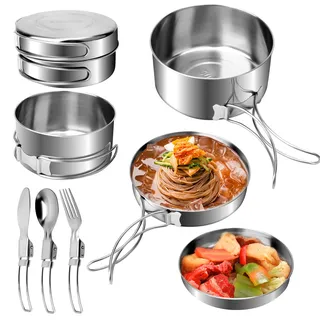 7 St ̈1ck Edelstahl Camping Kochgeschirr Set, Outdoor Kochgeschirr mit Faltbare Besteck, 1-2 Personen Camping Kochset mit Topf und Pfanne, Camping Geschirr f ̈1r Wandern Angeln Picknick